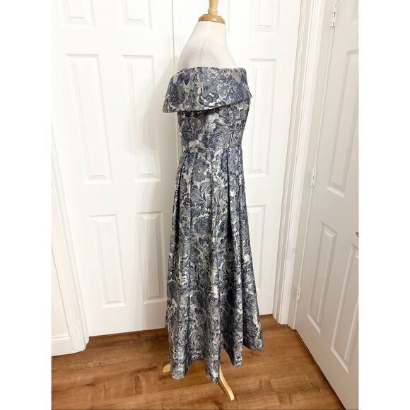 Alex Evenings Womens Blue Silver Floral Brocade Off the Shoulder Gown Size 8 - Picture 3 of 6